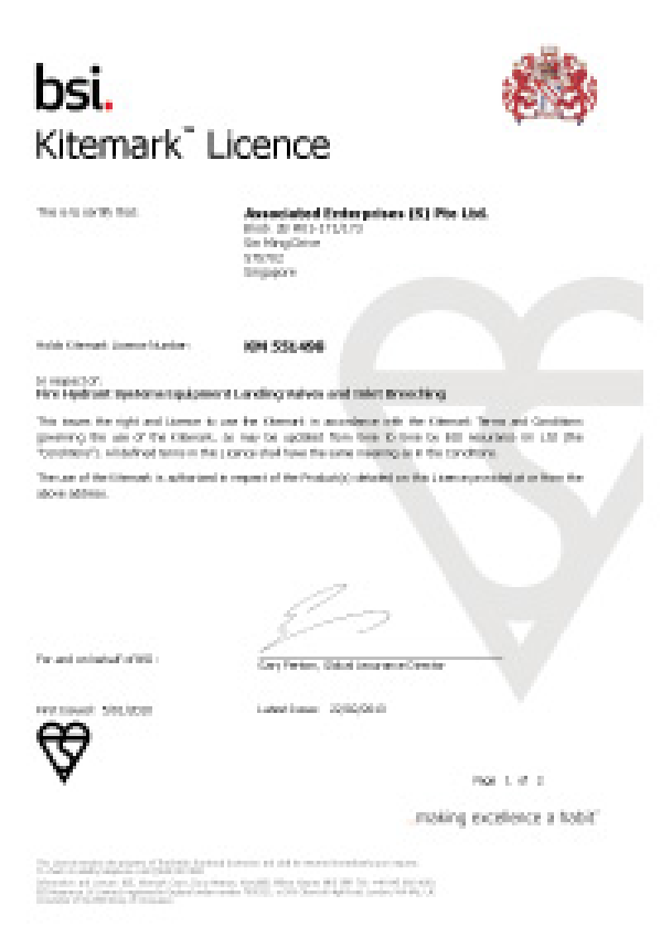 BSI Kitemark License No. KM 551498 (Hydrant Valves & Breeching Inlets)
